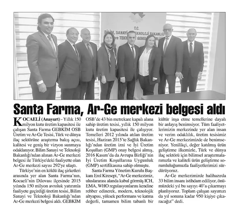 Santa Farma, Ar-Ge Merkezi Belgesi Aldı