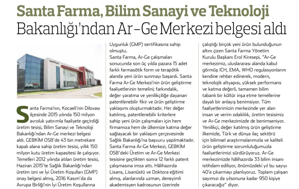 Santa Farma’nın GEBKİM OSB’deki üretim tesisi resmen Ar-Ge merkezi