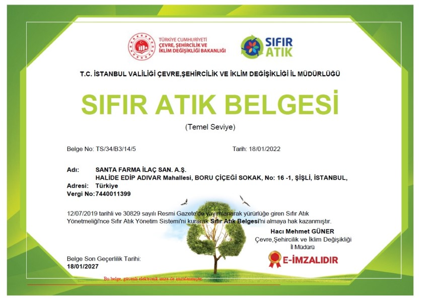Santa Farma Pharmaceuticals Head Office Receives Zero Waste Certification