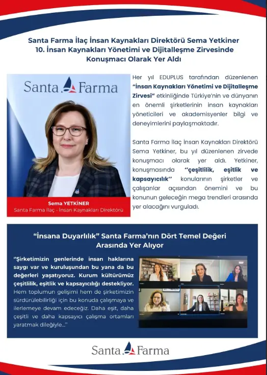 Santa Farma İlaç İnsan Kaynakları Direktörü Sema Yetkiner 10. İnsan Kaynakları Yönetimi ve Dijitalleşme Zirvesinde Konuşmacı Olarak Yer Aldı